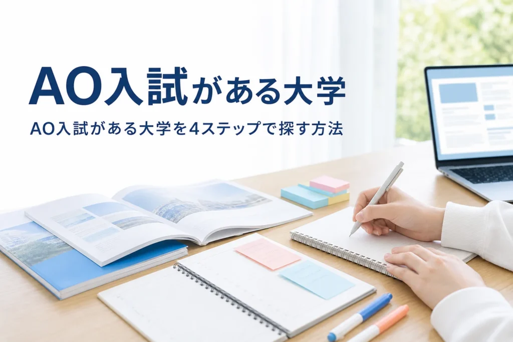 AO入試がある大学を分野・方式・併願・日程の順に探す方法を解説する記事のアイキャッチ