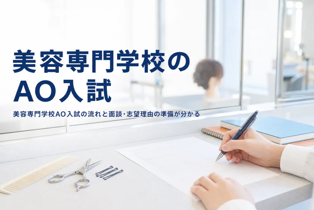 美容専門学校のAO入試の流れと、4校の例、面談や志望理由の準備を解説する記事のアイキャッチ