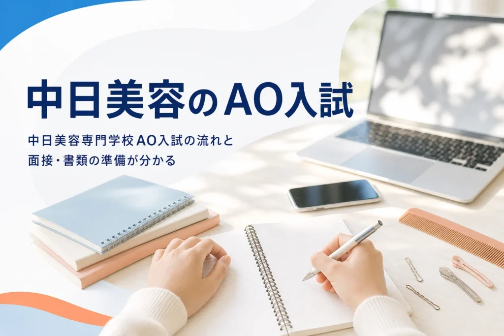 中日美容専門学校のAO入試の流れと、オンライン面接や書類の準備を解説する記事のアイキャッチ