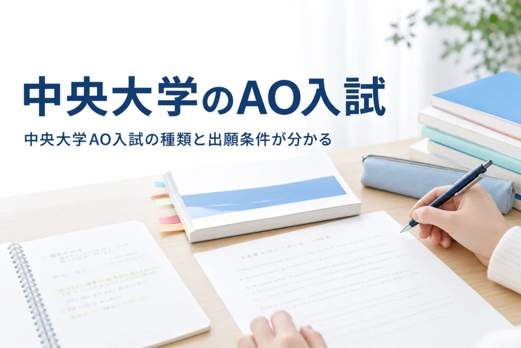 中央大学のAO入試にあたる総合型選抜の種類と出願条件を解説する記事のアイキャッチ