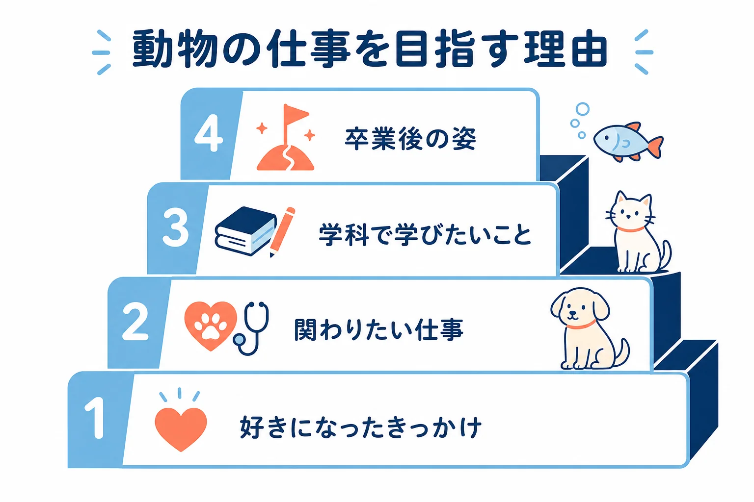 動物の仕事を目指す理由を、好きになったきっかけ、関わりたい仕事、学科で学びたいこと、卒業後の姿の順につなげる考え方を示した図解