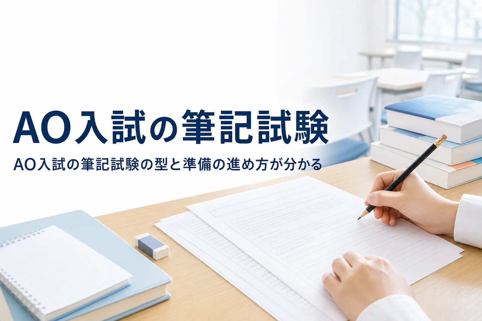 AO入試(総合型選抜)の筆記試験の型と、基礎学力テストなどの準備の進め方を解説する記事のアイキャッチ