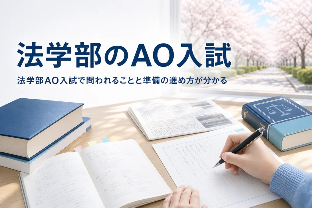 法学部のAO入試（総合型選抜）で問われることと準備の進め方を解説する記事のアイキャッチ