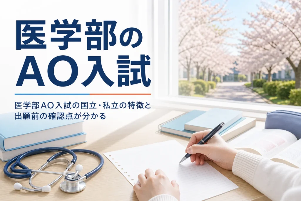 医学部のAO入試（総合型選抜）について、国立・私立の特徴と出願前の確認点を解説する記事のアイキャッチ