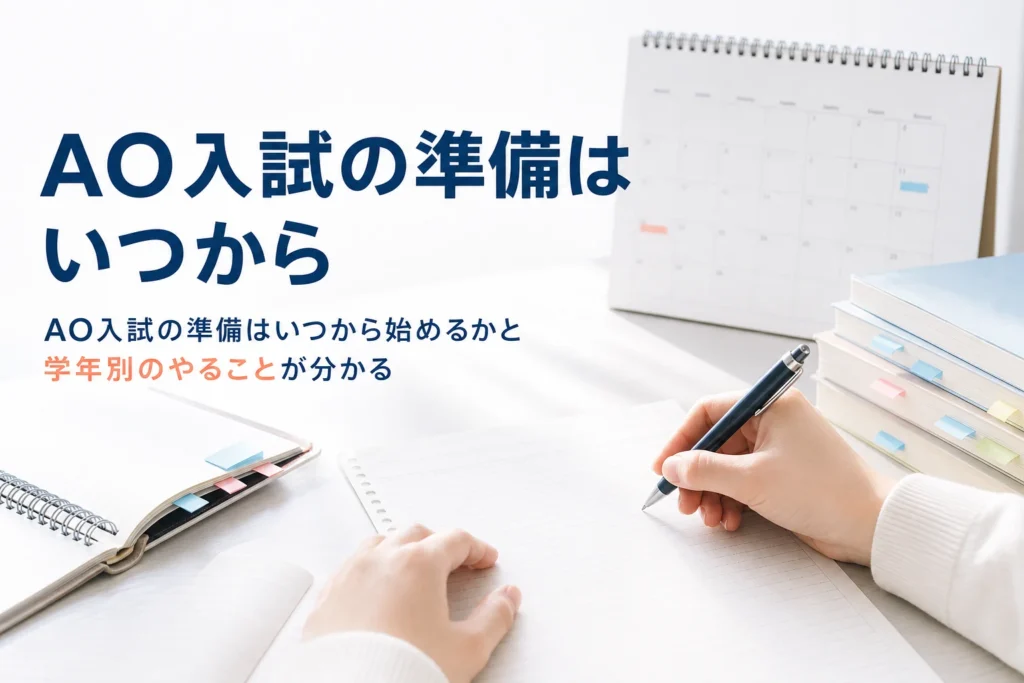 AO入試（総合型選抜）の準備をいつから始めるかと、高1・高2・高3でやることを解説する記事のアイキャッチ