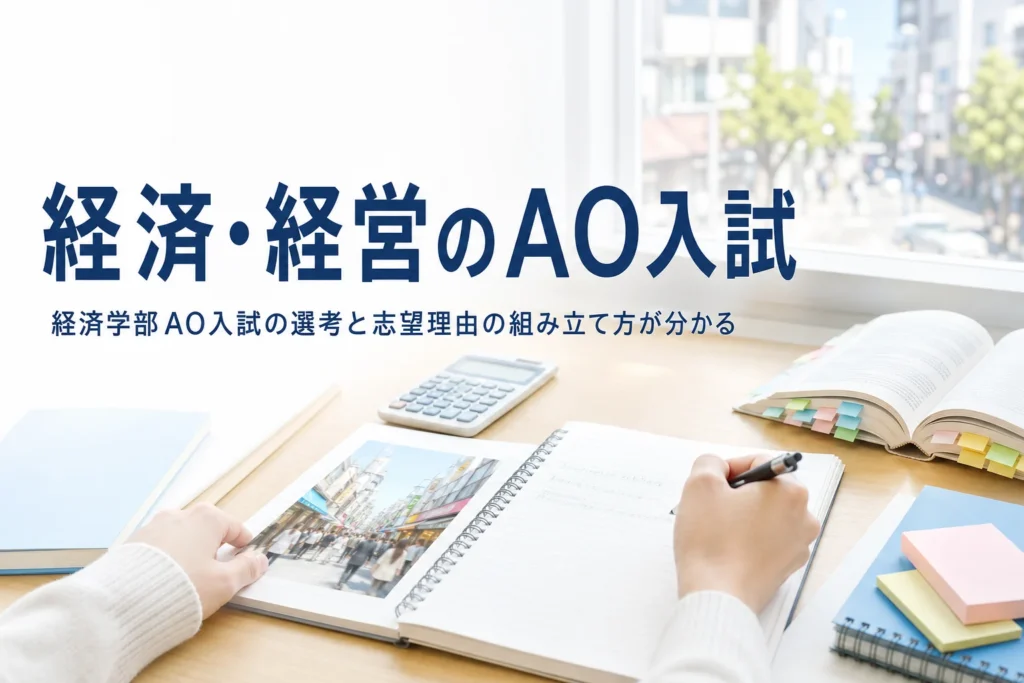 経済学部・経営学部のAO入試（総合型選抜）の選考例と志望理由の組み立て方を解説する記事のアイキャッチ