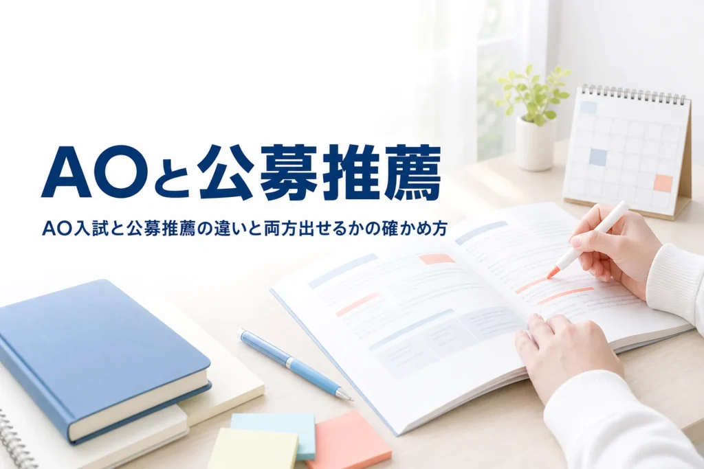 AO入試（総合型選抜）と公募推薦の違いと、同じ大学で両方出せるかの確かめ方を解説する記事のアイキャッチ