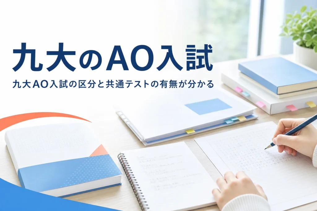 九州大学のAO入試にあたる総合型選抜の区分と、共通テストの有無を解説する記事のアイキャッチ