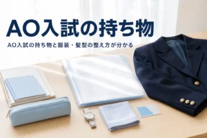 AO入試（総合型選抜）当日の持ち物チェック表と、服装・髪型の整え方を解説する記事のアイキャッチ