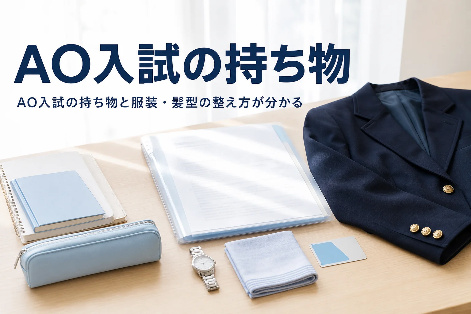 AO入試(総合型選抜)当日の持ち物チェック表と、服装・髪型の整え方を解説する記事のアイキャッチ