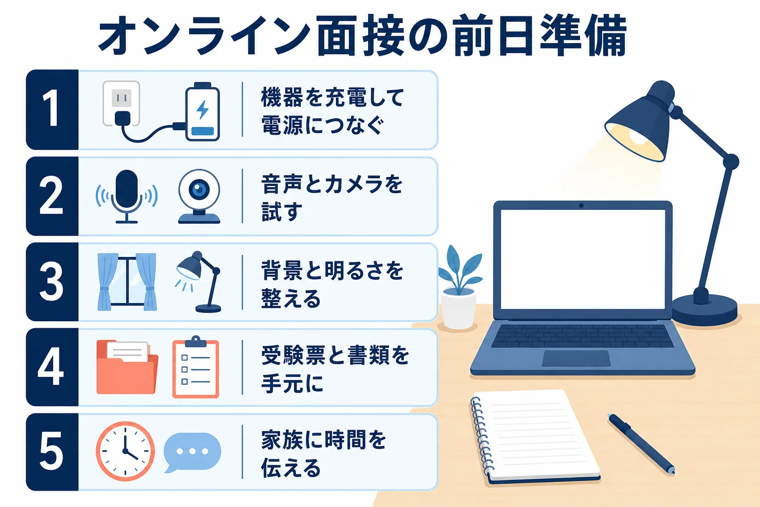 オンライン面接の前日にやる準備を、機器・部屋・手元の書類・家族への声かけの順に並べた図解