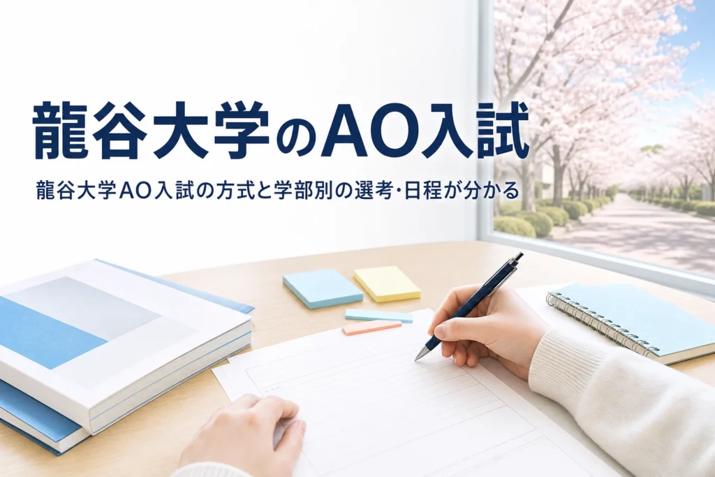 龍谷大学のAO入試（総合型選抜）の方式と、学部別の選考・2027年度入試の日程を解説する記事のアイキャッチ
