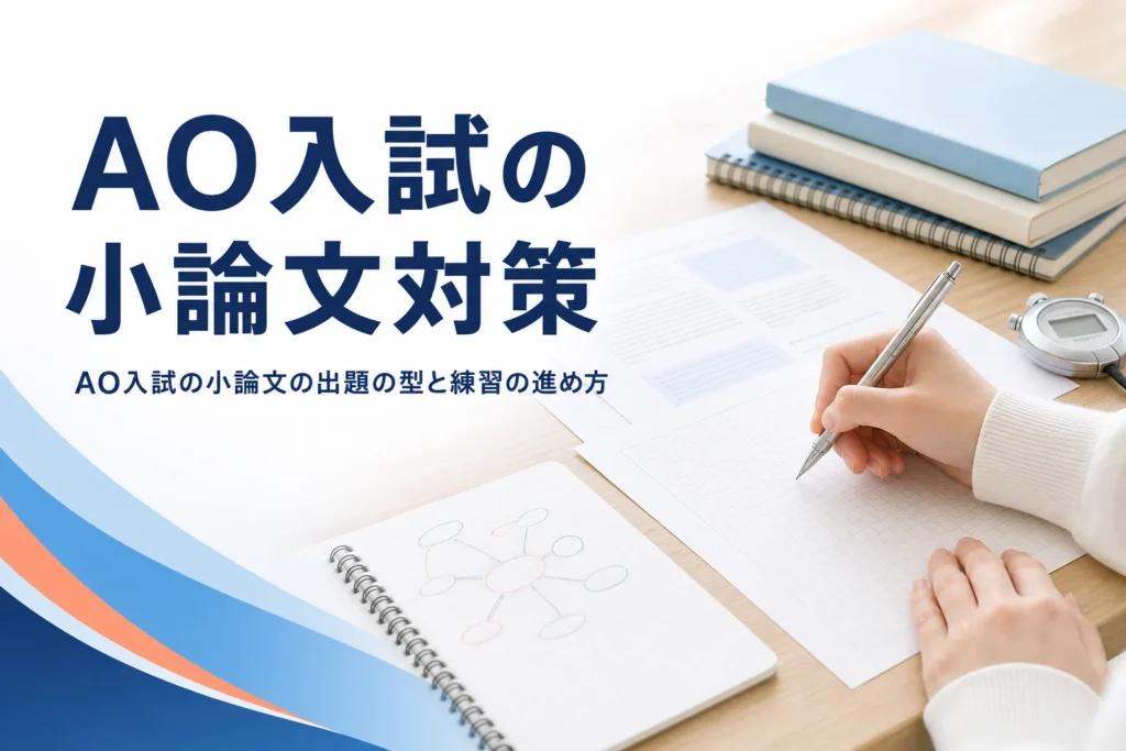 AO入試の小論文の出題タイプと、書く手順・練習の進め方を解説する記事のアイキャッチ